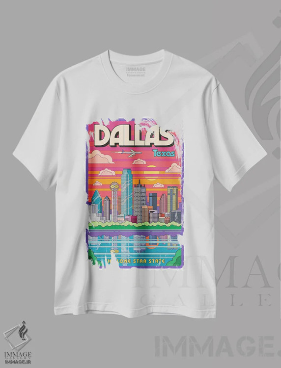 تیشرت سفید طرح دار پوستر سفر پاپ آرت دالاس، تزئینی اثر جیم زانیسر | فروشگاه ایماژ