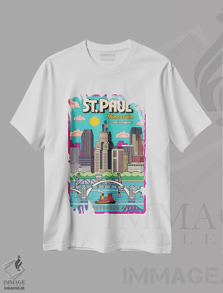 تیشرت سفید طرح دار پوستر سفر پاپ آرت سنت پل، تزئینی اثر جیم زانیسر | فروشگاه ایماژ