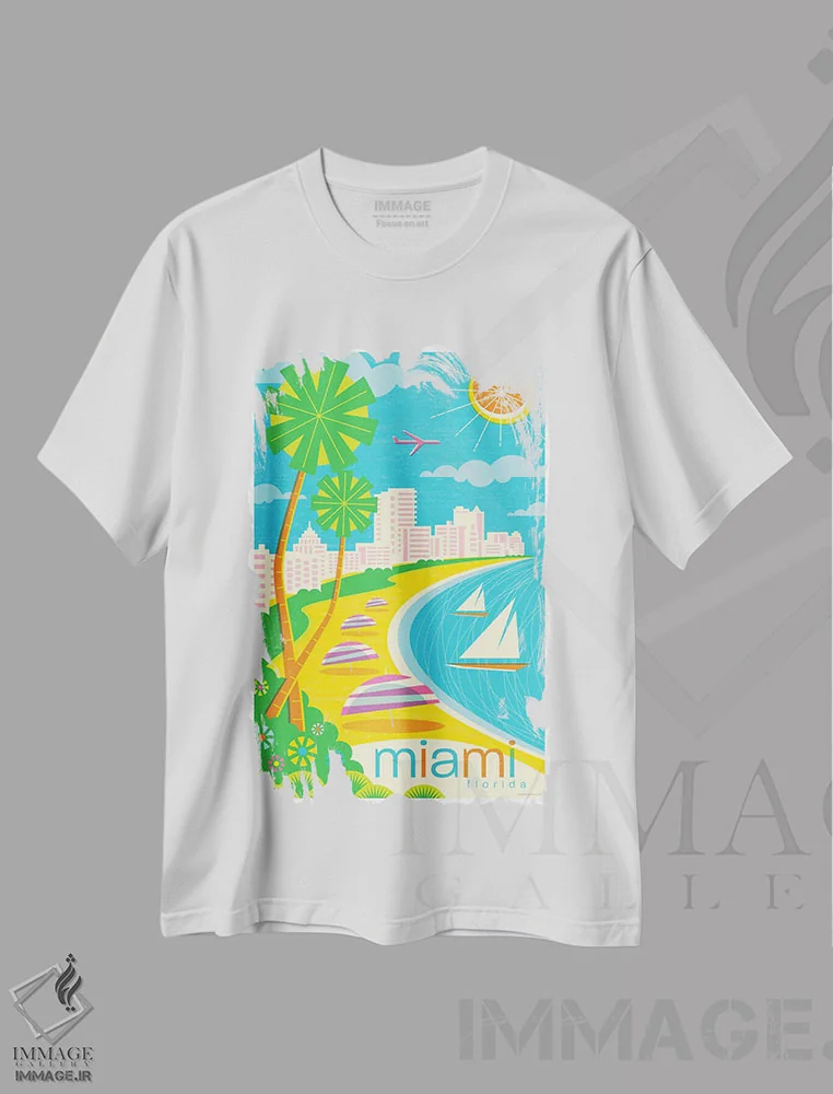 تیشرت سفید طرح دار پوستر سفر مدرن میامی، هنر دیجیتال اثر جیم زانیسر | immage.ir