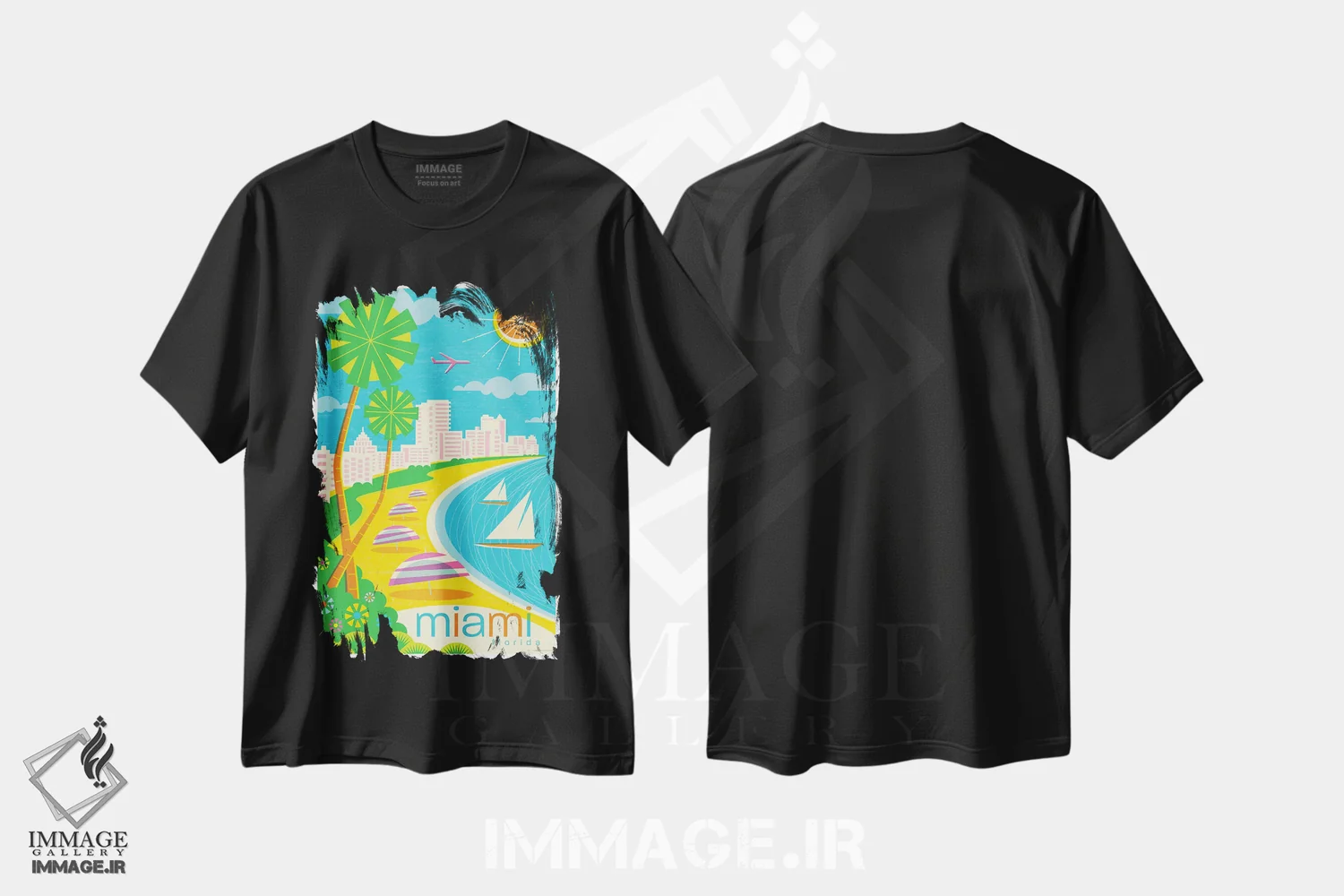 تیشرت مشکی طرح دار پوستر سفر مدرن میامی، هنر دیجیتال اثر جیم زانیسر | فروشگاه ایماژ