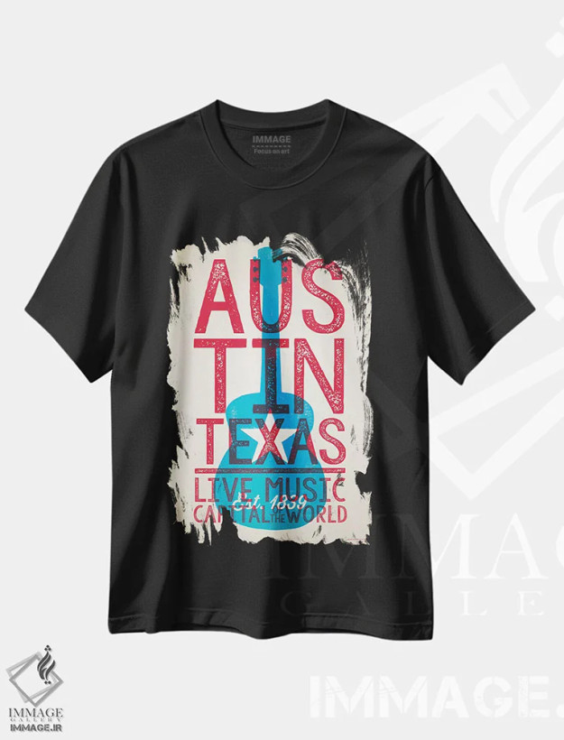 تیشرت مشکی طرح دار آستین؛ پایتخت موسیقی زنده جهان، هنر دیجیتال اثر جیم زانیسر | فروشگاه ایماژ