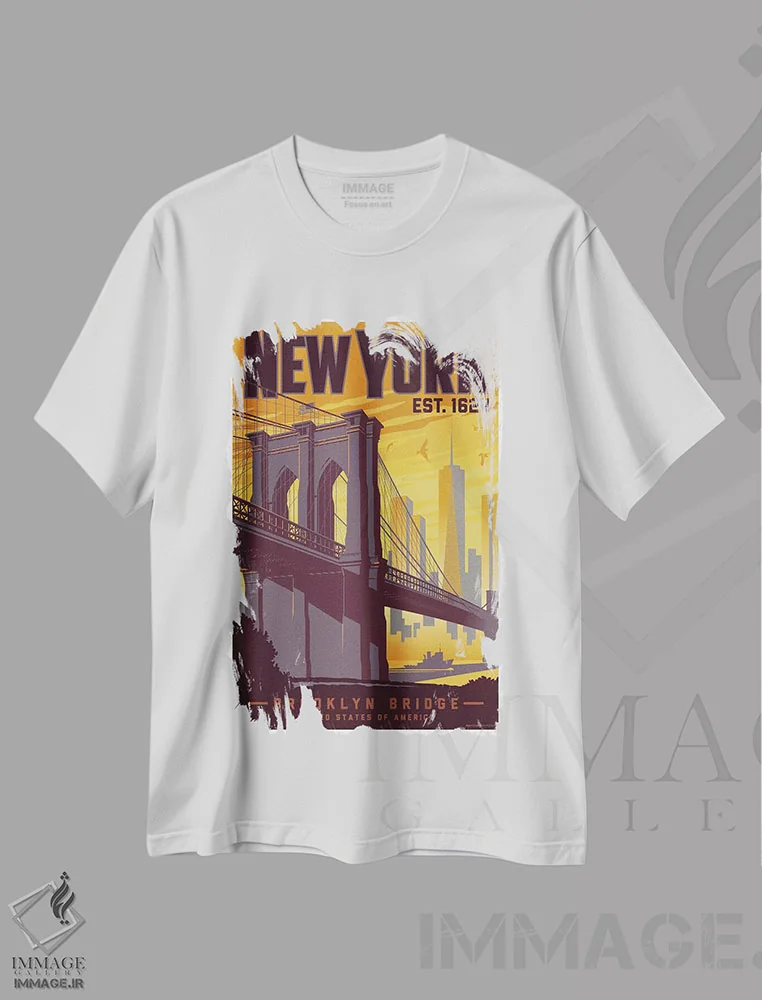 تیشرت سفید طرح دار پوستر سفر پل بروکلین نیویورک، هنر دیجیتال اثر جیم زانیسر | فروشگاه ایماژ