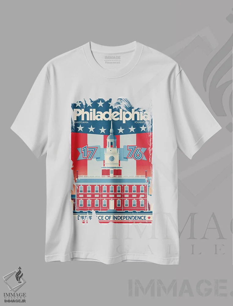 تیشرت سفید طرح دار پوستر سفر سالن استقلال فیلادلفیا، هنر دیجیتال اثر جیم زانیسر | فروشگاه ایماژ