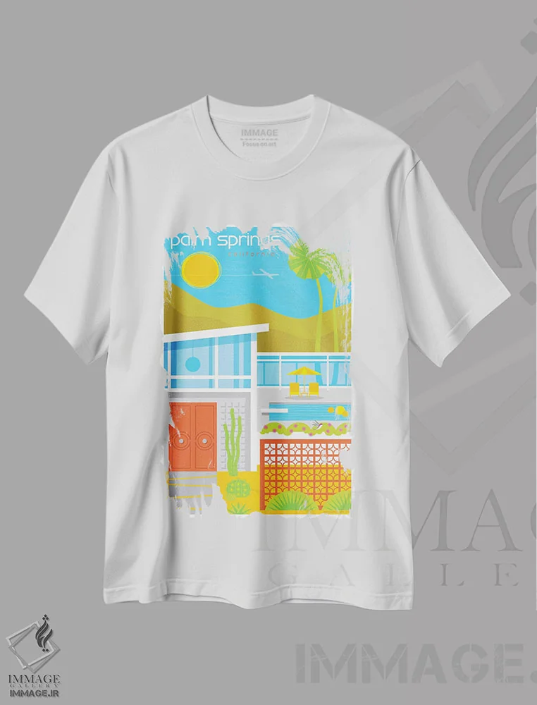 تیشرت سفید طرح دار پوستر سفر خانه های دهه پنجاه پالم اسپرینگز، تزئینی اثر جیم زانیسر | immage.ir