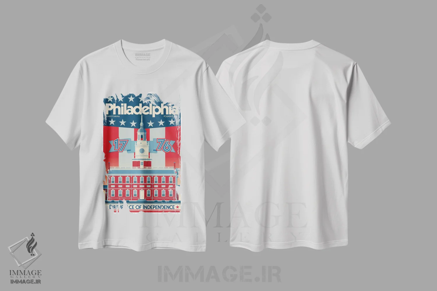 تیشرت سفید طرح دار پوستر سفر سالن استقلال فیلادلفیا، هنر دیجیتال اثر جیم زانیسر | فروشگاه ایماژ