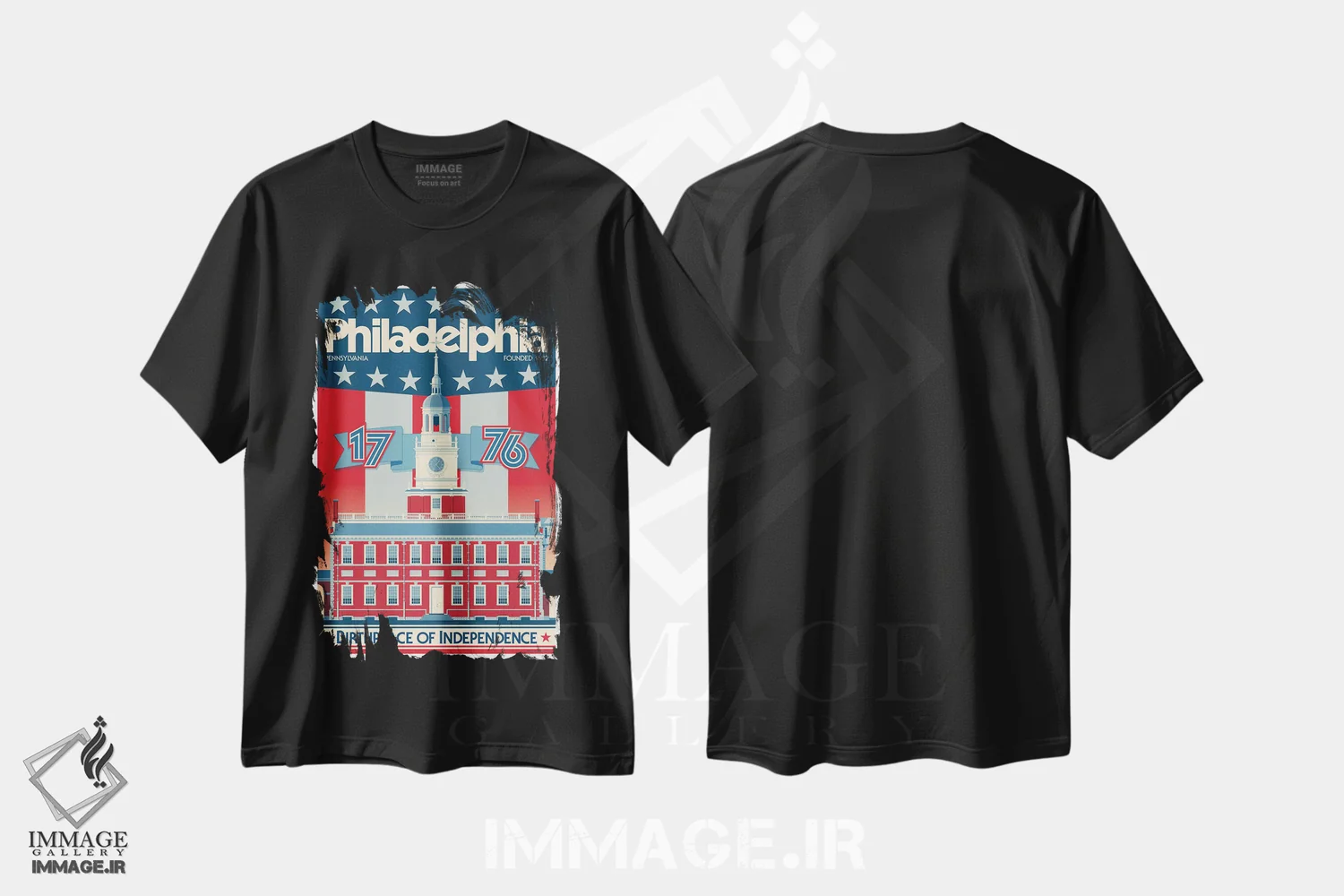 تیشرت مشکی طرح دار پوستر سفر سالن استقلال فیلادلفیا، هنر دیجیتال اثر جیم زانیسر | immage.ir