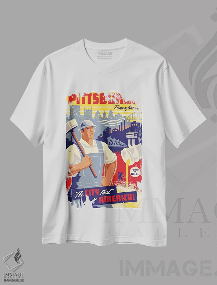 تیشرت سفید طرح دار پوستر سفر کارگر فولاد پیتزبورگ، هنر دیجیتال اثر جیم زانیسر | immage.ir