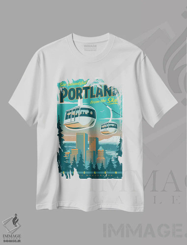 تیشرت سفید طرح دار پوستر سفر تراموا پورتلند، هنر دیجیتال اثر جیم زانیسر | فروشگاه ایماژ