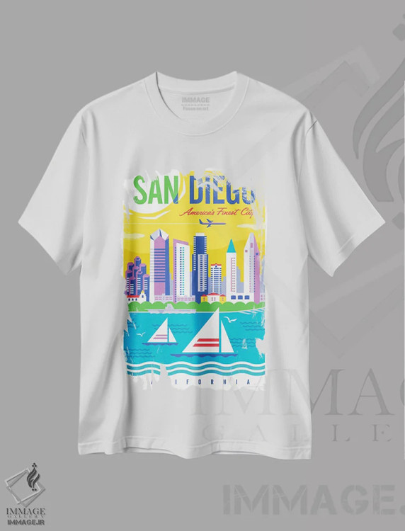 تیشرت سفید طرح دار پوستر سفر سن دیگو، هنر دیجیتال اثر جیم زانیسر | فروشگاه ایماژ