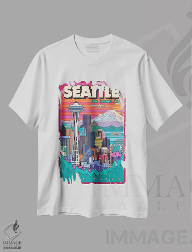 تیشرت سفید طرح دار پوستر سفر پاپ آرت سیاتل، هنر فاخر معاصر اثر جیم زانیسر | فروشگاه ایماژ