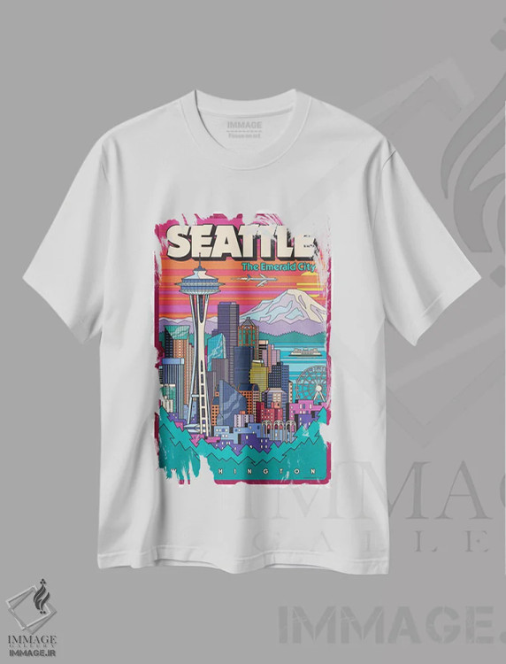 تیشرت سفید طرح دار پوستر سفر پاپ آرت سیاتل، هنر فاخر معاصر اثر جیم زانیسر | فروشگاه ایماژ