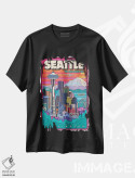 تیشرت مشکی طرح دار پوستر سفر پاپ آرت سیاتل، هنر فاخر معاصر اثر جیم زانیسر | immage.ir