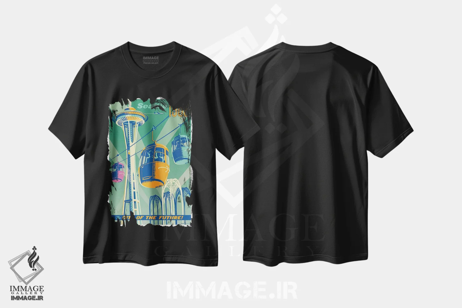 تیشرت مشکی طرح دار پوستر سفر سیاتل ۱۹۶۲، هنر دیجیتال اثر جیم زانیسر | فروشگاه ایماژ