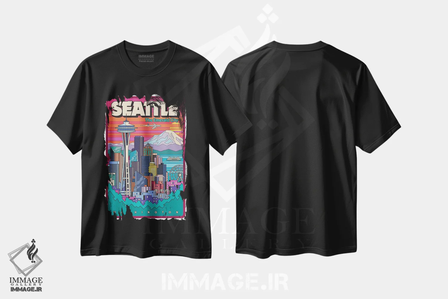 تیشرت مشکی طرح دار پوستر سفر پاپ آرت سیاتل، هنر فاخر معاصر اثر جیم زانیسر | immage.ir