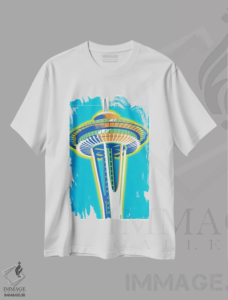 تیشرت سفید طرح دار پوستر برج فضایی سیاتل، هنر دیجیتال اثر جیم زانیسر | immage.ir