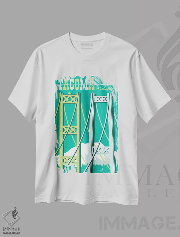 تیشرت سفید طرح دار پوستر سفر پل های تاکوما I اثر جیم زانیسر | فروشگاه ایماژ