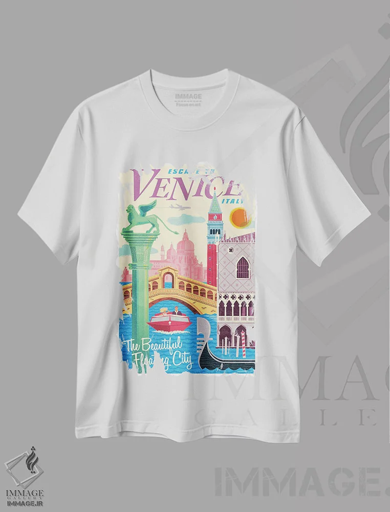 تیشرت سفید طرح دار پوستر سفر ونیز II اثر جیم زانیسر | فروشگاه ایماژ
