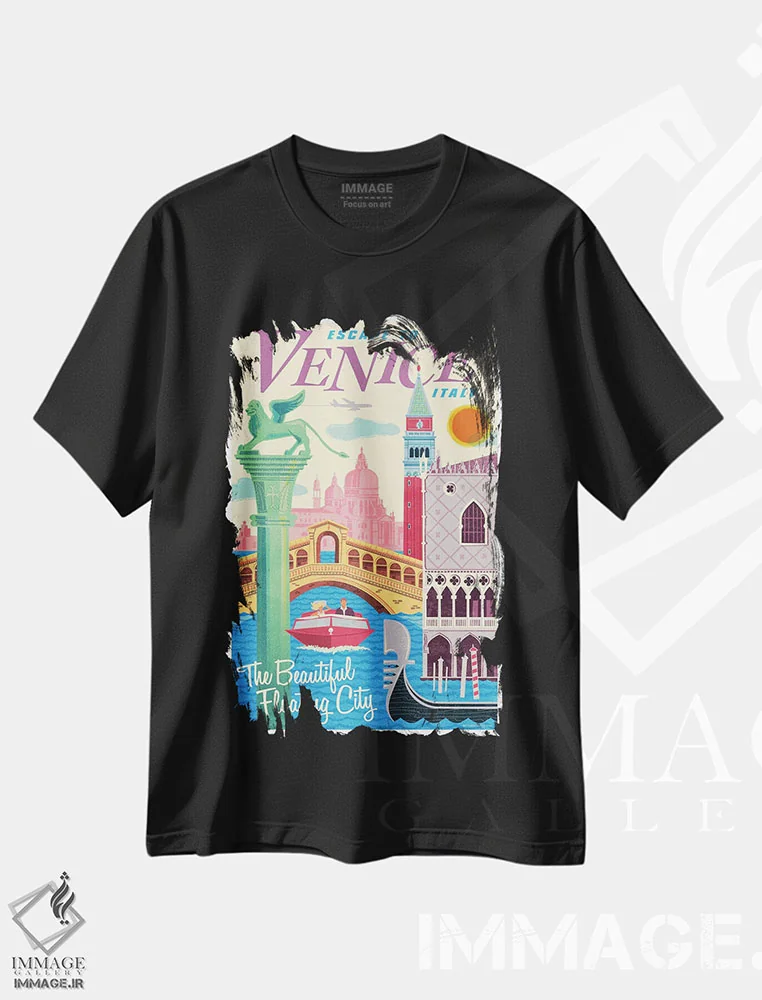 تیشرت مشکی طرح دار پوستر سفر ونیز II اثر جیم زانیسر | immage.ir