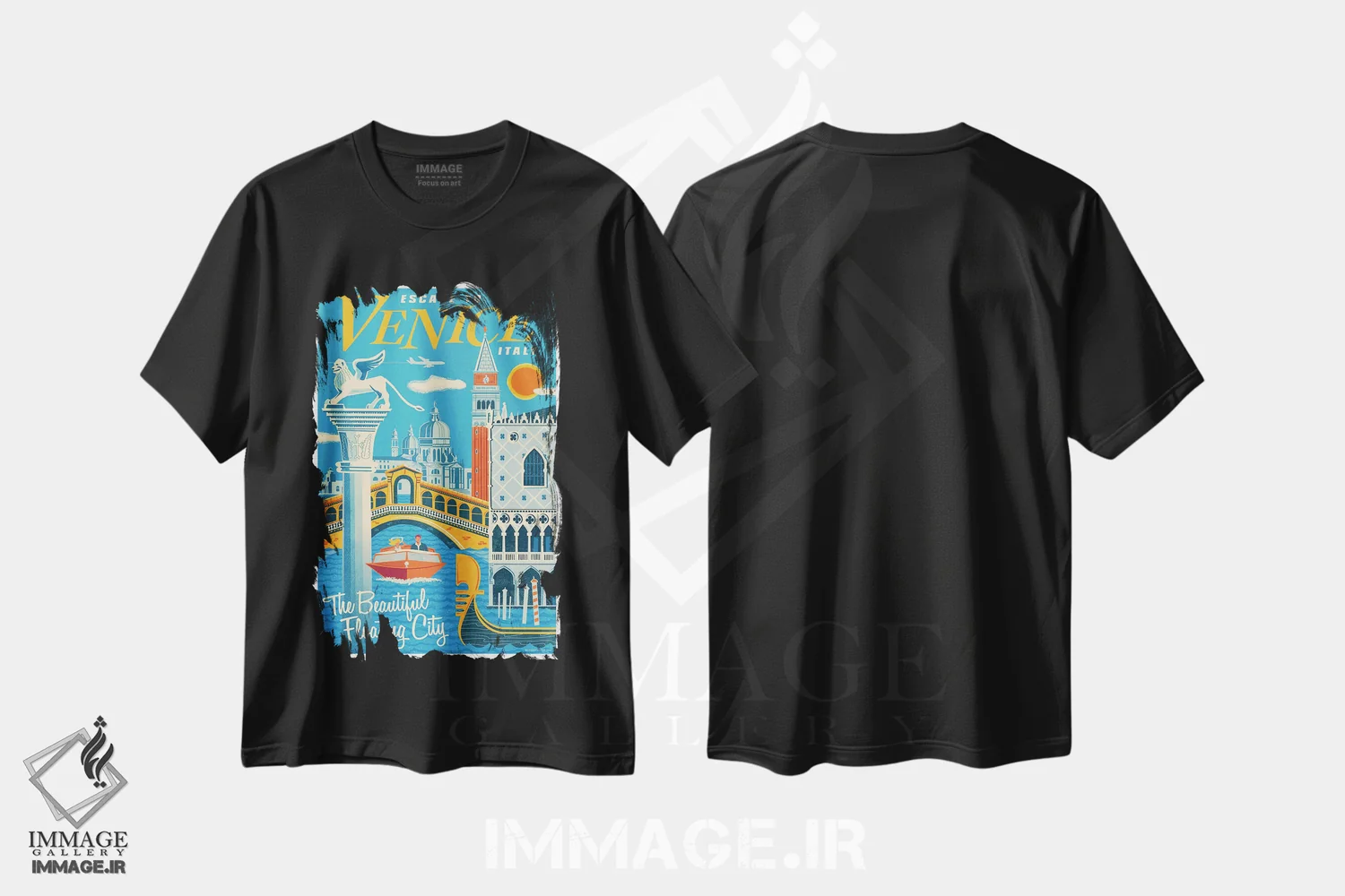 تیشرت مشکی طرح دار پوستر سفر ونیز I اثر جیم زانیسر | فروشگاه ایماژ
