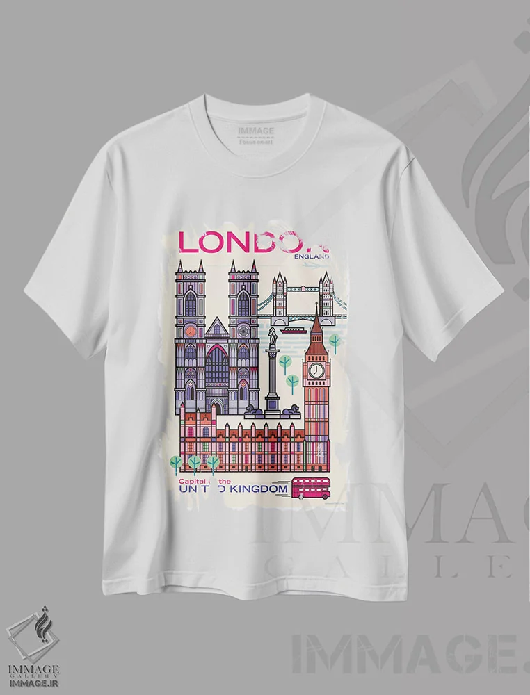 تیشرت سفید طرح دار پوستر سفر لندن، هنر دیجیتال اثر جیم زانیسر | immage.ir