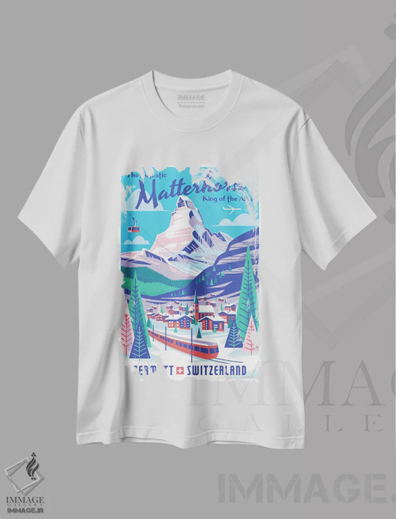 تیشرت سفید طرح دار پوستر سفر ماترهورن سوئیس، تزئینی اثر جیم زانیسر | فروشگاه ایماژ