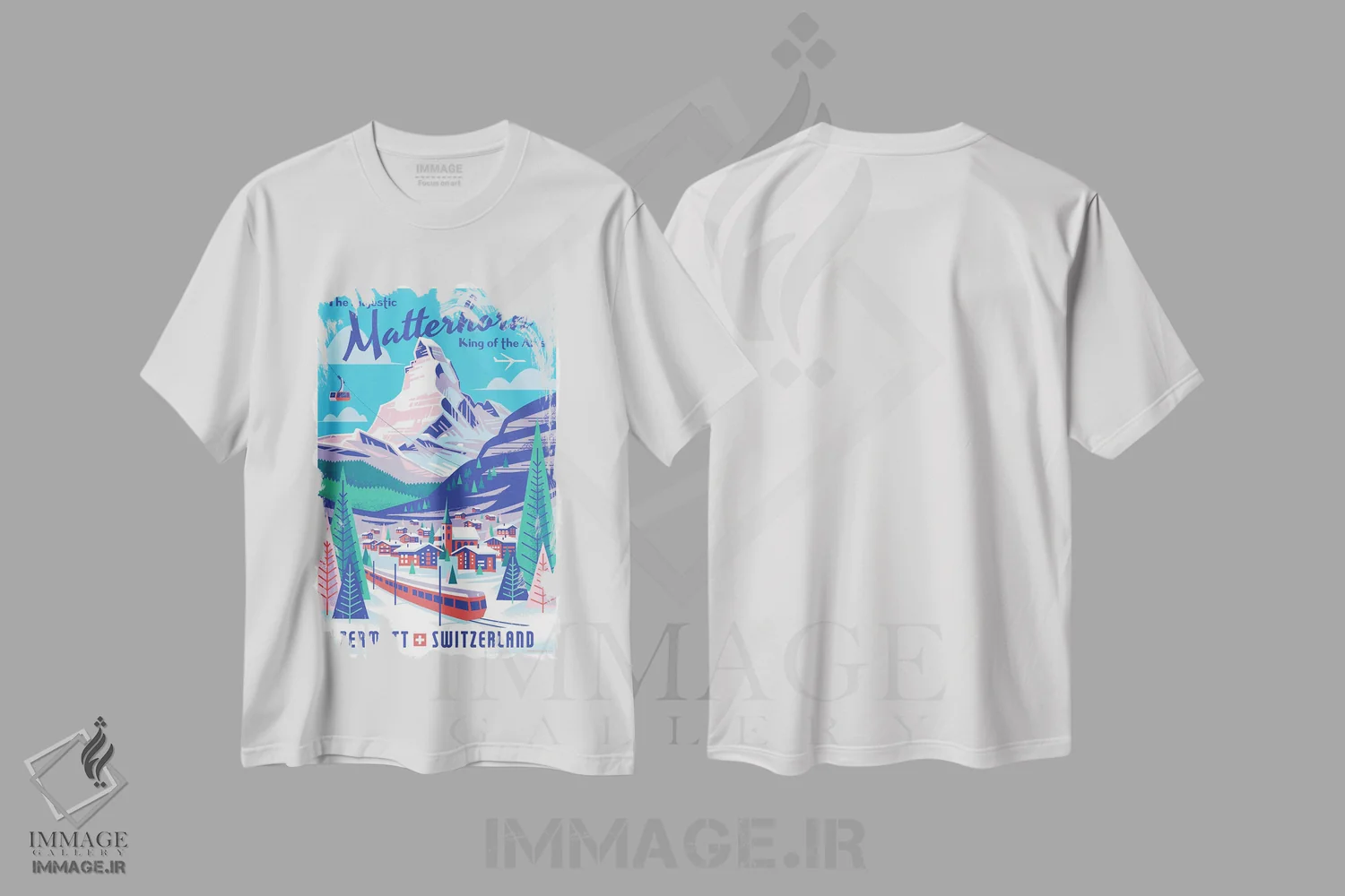 تیشرت سفید طرح دار پوستر سفر ماترهورن سوئیس، تزئینی اثر جیم زانیسر | فروشگاه ایماژ