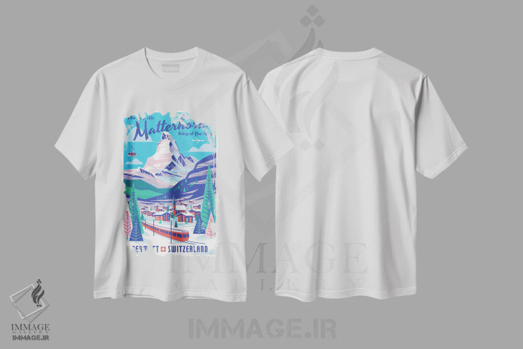 تیشرت سفید طرح دار پوستر سفر ماترهورن سوئیس، تزئینی اثر جیم زانیسر | فروشگاه ایماژ
