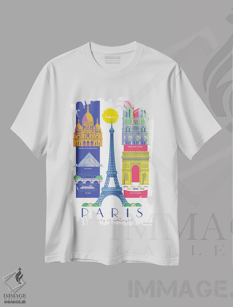 تیشرت سفید طرح دار پوستر سفر پاریس، هنر دیجیتال اثر جیم زانیسر | فروشگاه ایماژ