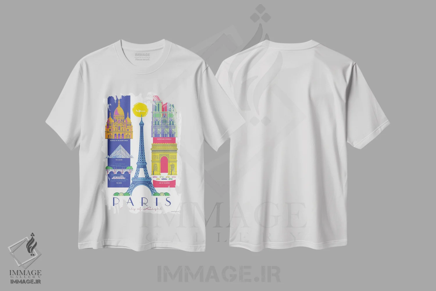 تیشرت سفید طرح دار پوستر سفر پاریس، هنر دیجیتال اثر جیم زانیسر | فروشگاه ایماژ
