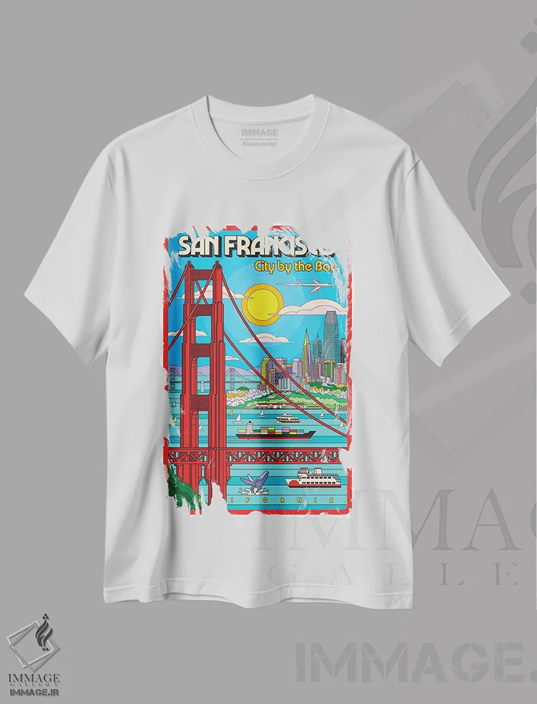 تیشرت سفید طرح دار پوستر سفر پاپ آرت سان فرانسیسکو، هنر فاخر معاصر اثر جیم زانیسر | فروشگاه ایماژ