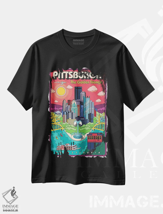 تیشرت مشکی طرح دار پوستر سفر پاپ آرت پیتزبورگ، هنر فاخر معاصر اثر جیم زانیسر | فروشگاه ایماژ
