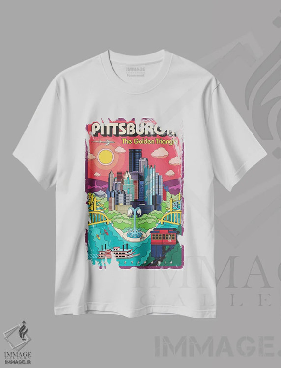 تیشرت سفید طرح دار پوستر سفر پاپ آرت پیتزبورگ، هنر فاخر معاصر اثر جیم زانیسر | immage.ir