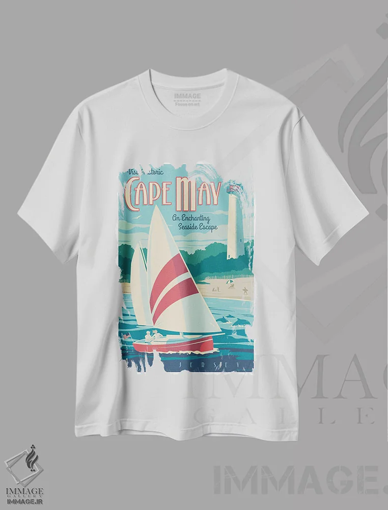 تیشرت سفید طرح دار پوستر سفر کیپ می، هنر دیجیتال اثر جیم زانیسر | فروشگاه ایماژ