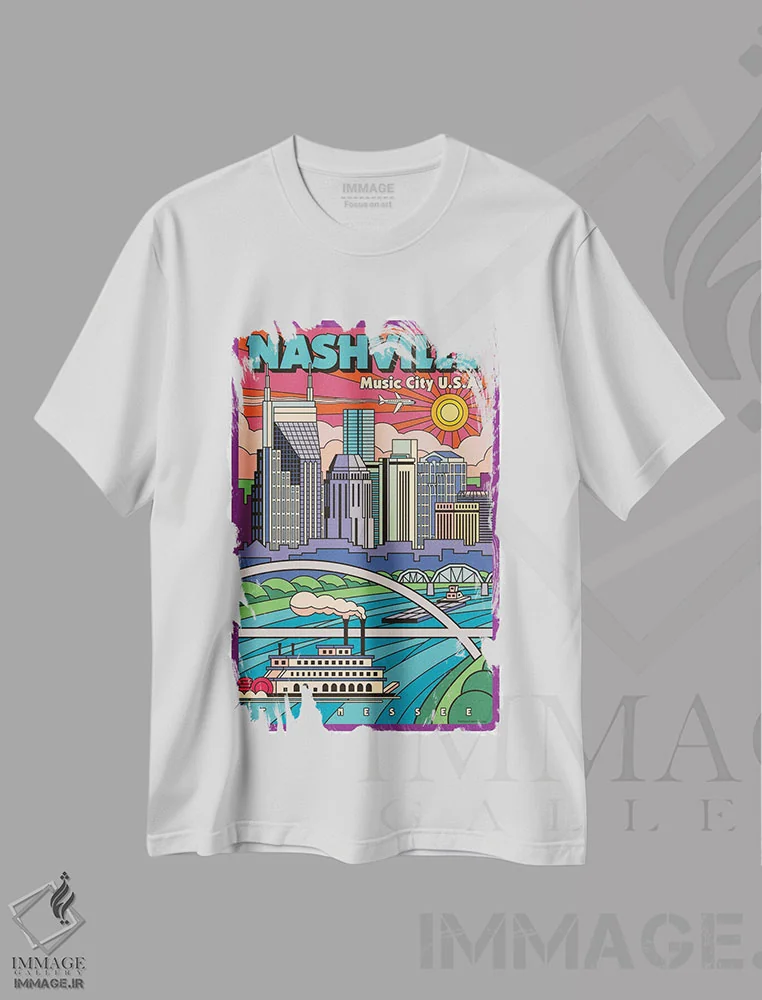 تیشرت سفید طرح دار پوستر سفر پاپ آرت نشویل جدید، هنر فاخر معاصر اثر جیم زانیسر | immage.ir