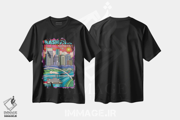 تیشرت مشکی طرح دار پوستر سفر پاپ آرت نشویل جدید، هنر فاخر معاصر اثر جیم زانیسر | فروشگاه ایماژ