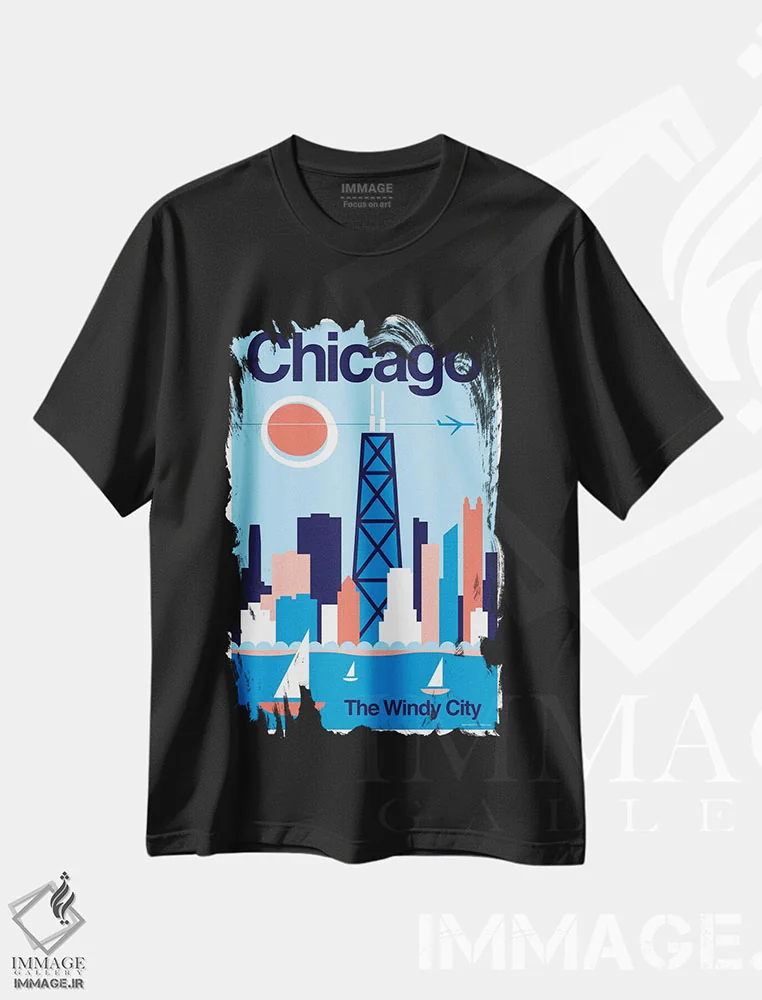 تیشرت مشکی طرح دار پوستر مینیمال سفر شیکاگو، تزئینی اثر جیم زانیسر | immage.ir