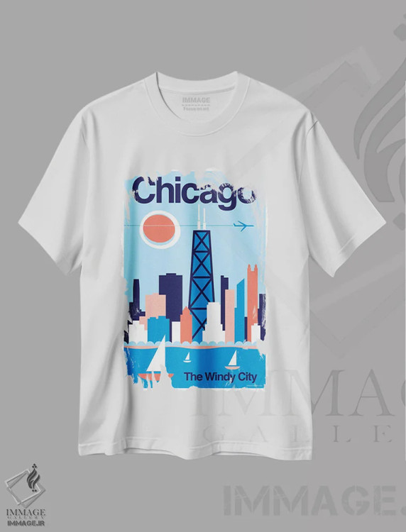 تیشرت سفید طرح دار پوستر مینیمال سفر شیکاگو، تزئینی اثر جیم زانیسر | فروشگاه ایماژ