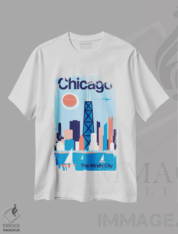 تیشرت سفید طرح دار پوستر مینیمال سفر شیکاگو، تزئینی اثر جیم زانیسر | فروشگاه ایماژ