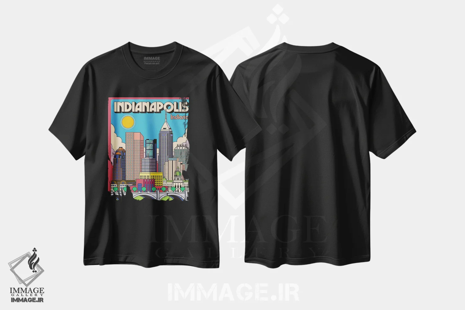 تیشرت مشکی طرح دار پوستر سفر پاپ آرت ایندیاناپولیس، هنر دیجیتال اثر جیم زانیسر | فروشگاه ایماژ