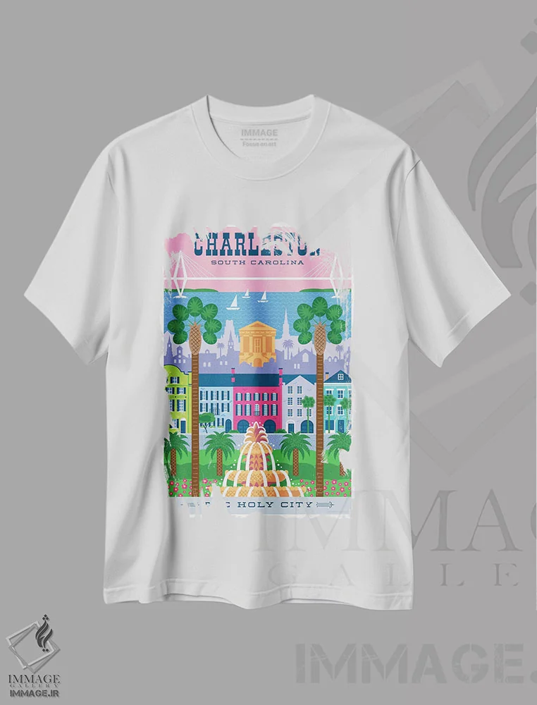 تیشرت سفید طرح دار پوستر سفر چارلستون، هنر دیجیتال اثر جیم زانیسر | immage.ir