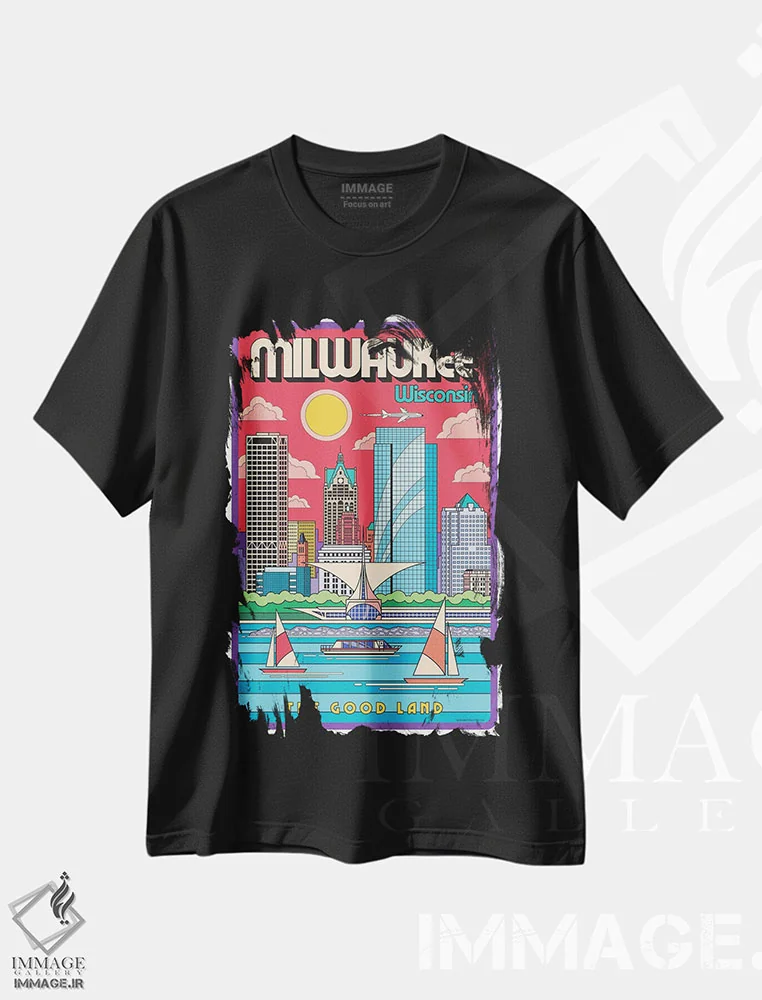 تیشرت مشکی طرح دار پوستر سفر پاپ آرت میلواکی، هنر فاخر معاصر اثر جیم زانیسر | immage.ir