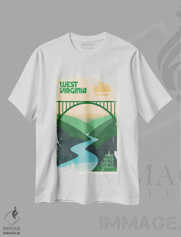 تیشرت سفید طرح دار پوستر رترو سفر ویرجینیای غربی، تزئینی اثر جیم زانیسر | فروشگاه ایماژ