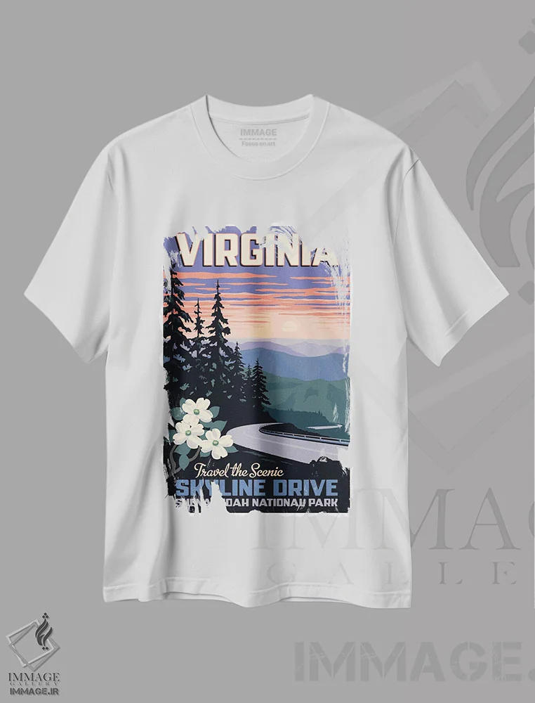 تیشرت سفید طرح دار پوستر سفر اسکای لاین درایو ویرجینیا، هنر دیجیتال اثر جیم زانیسر | فروشگاه ایماژ