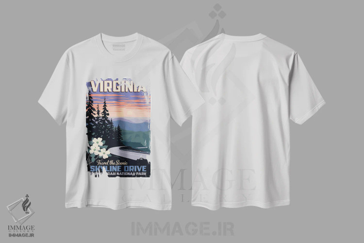 تیشرت سفید طرح دار پوستر سفر اسکای لاین درایو ویرجینیا، هنر دیجیتال اثر جیم زانیسر | فروشگاه ایماژ