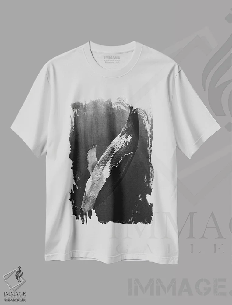 تیشرت سفید طرح دار نهنگ سیاه، نقاشی و تصویرگری سیاه و سفید اثر یوهان زلنین | immage.ir