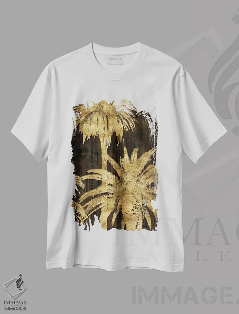 تیشرت سفید طرح دار تابلوی نخل های طلایی II، دکور ساحلی اثر کیت بنت | فروشگاه ایماژ