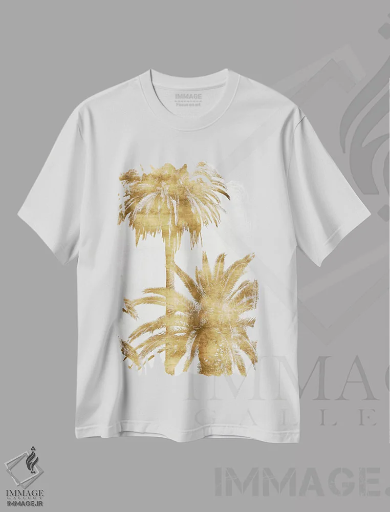 تیشرت سفید طرح دار تابلوی نخل های طلایی IV، دکور ساحلی اثر کیت بنت | immage.ir