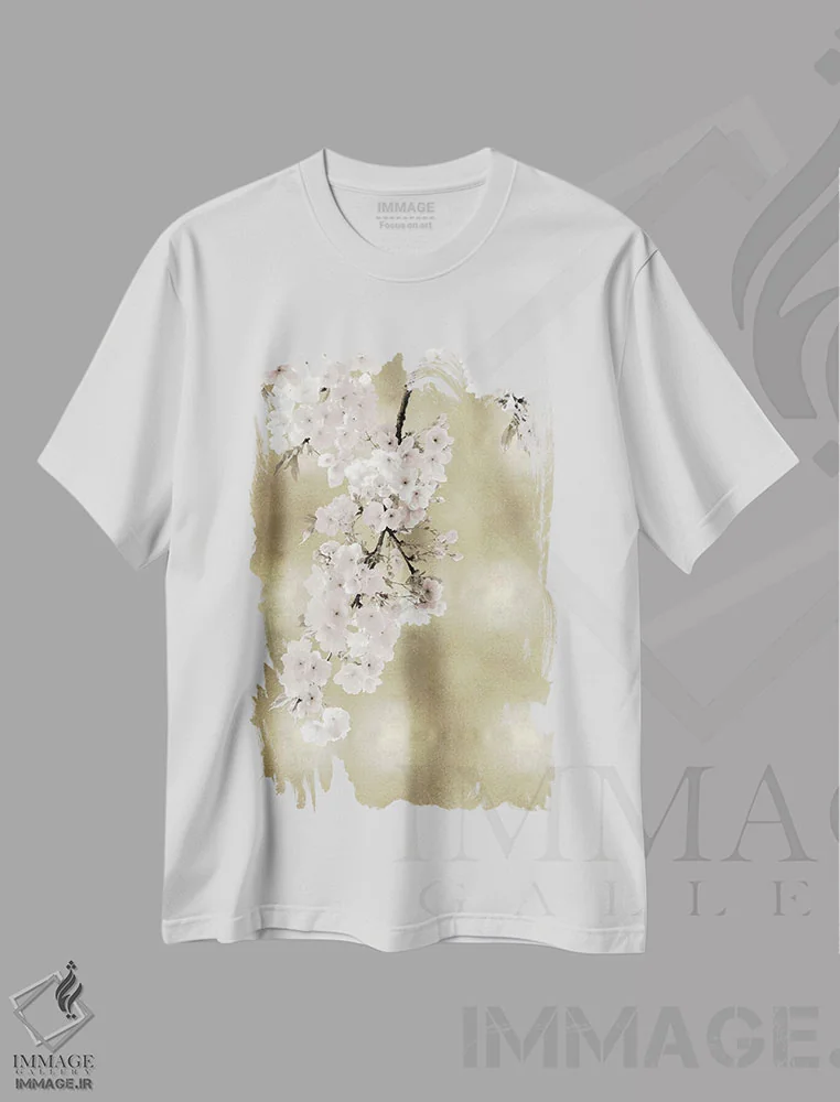 تیشرت سفید طرح دار شکوفه های صورتی روی طلایی II، تزئینی اثر کیت بنت | فروشگاه ایماژ
