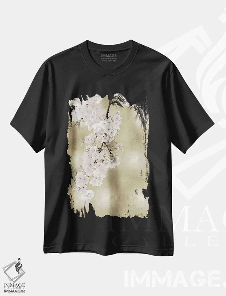 تیشرت مشکی طرح دار شکوفه های صورتی روی طلایی II، تزئینی اثر کیت بنت | immage.ir