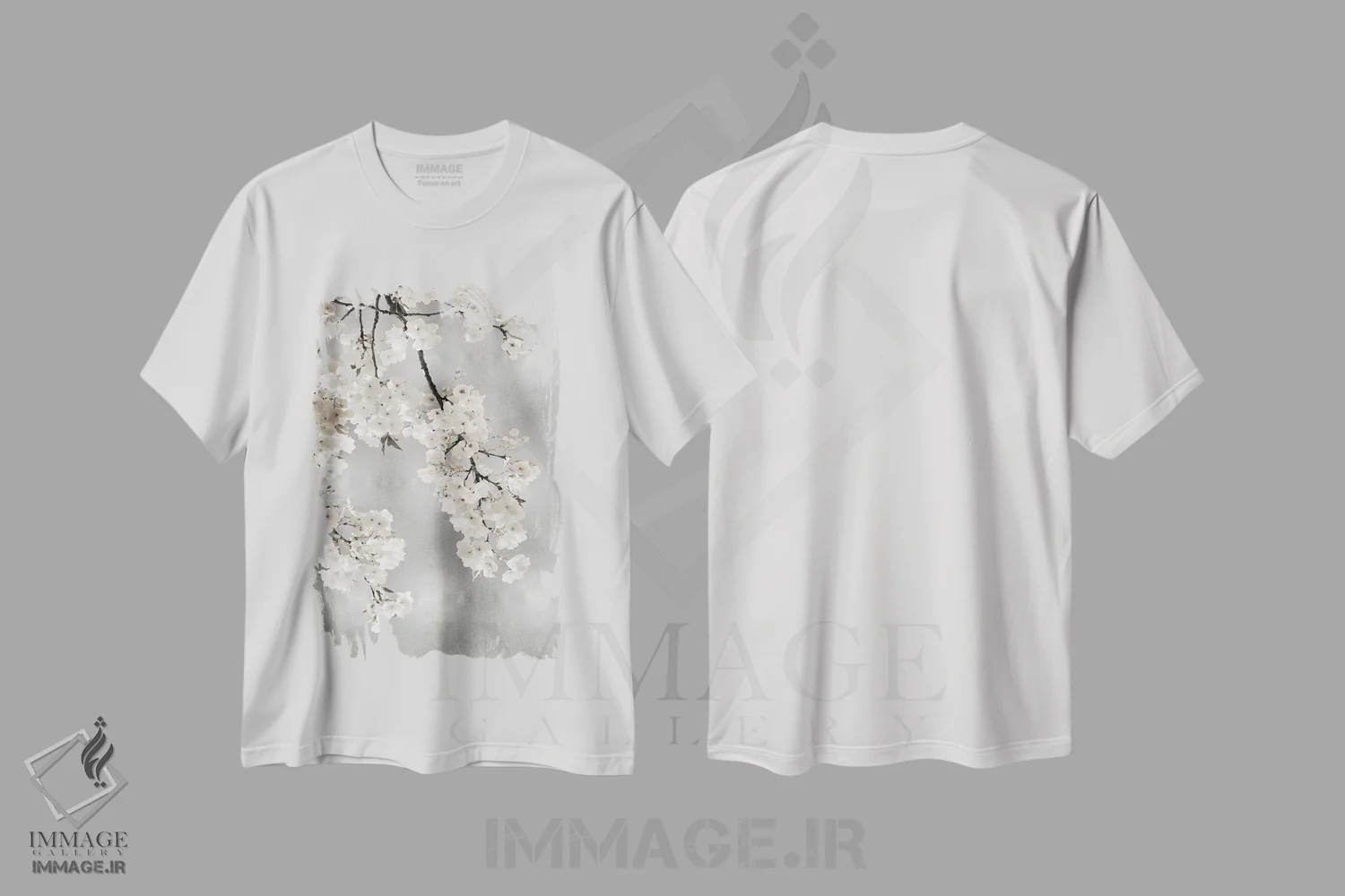 تیشرت سفید طرح دار شکوفه های سفید روی زمینه نقره ای I، تزئینی اثر کیت بنت | immage.ir
